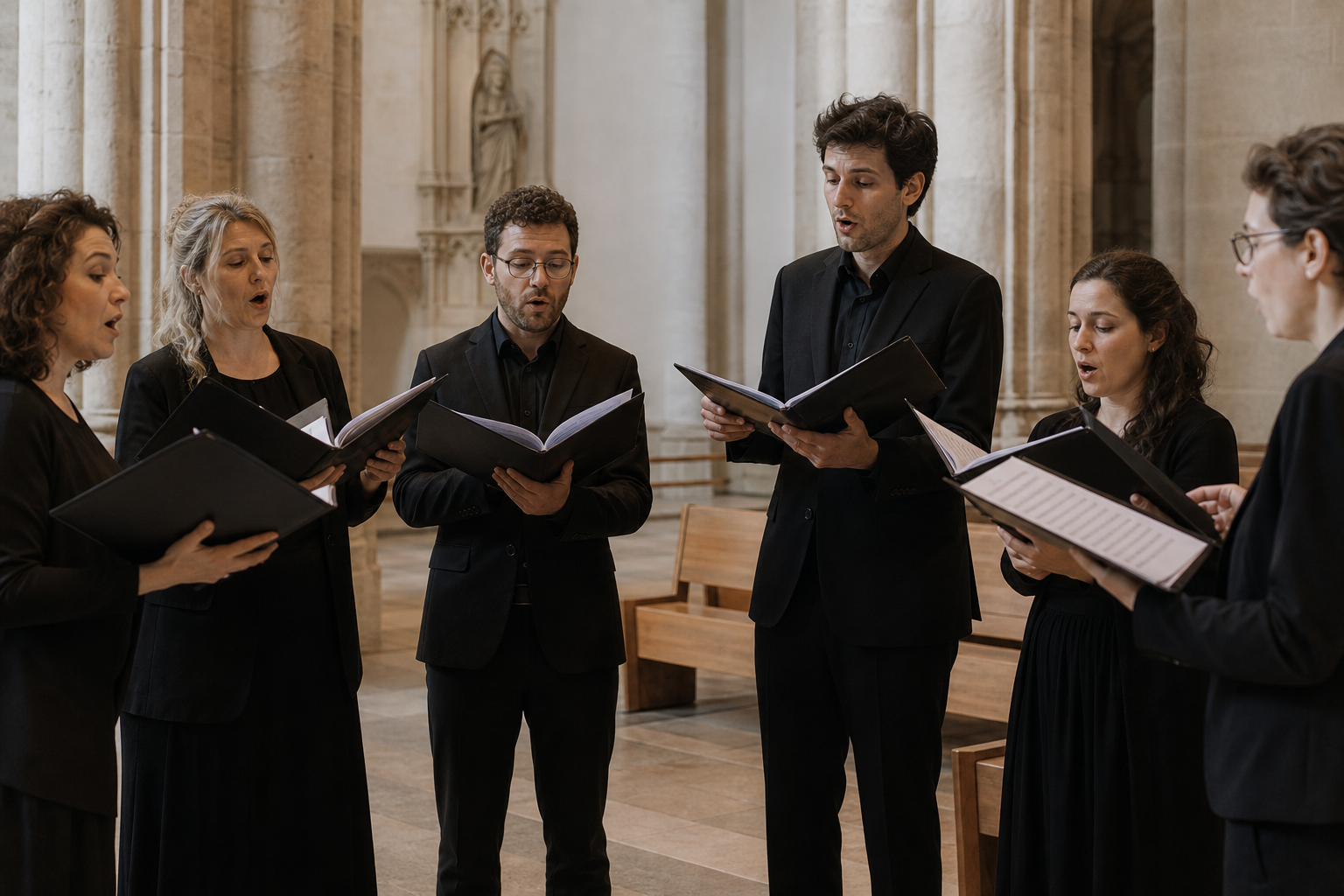 Kleiner Kammerchor singt ohne Instrument im Kirchenschiff, konzentrierte Gesichter