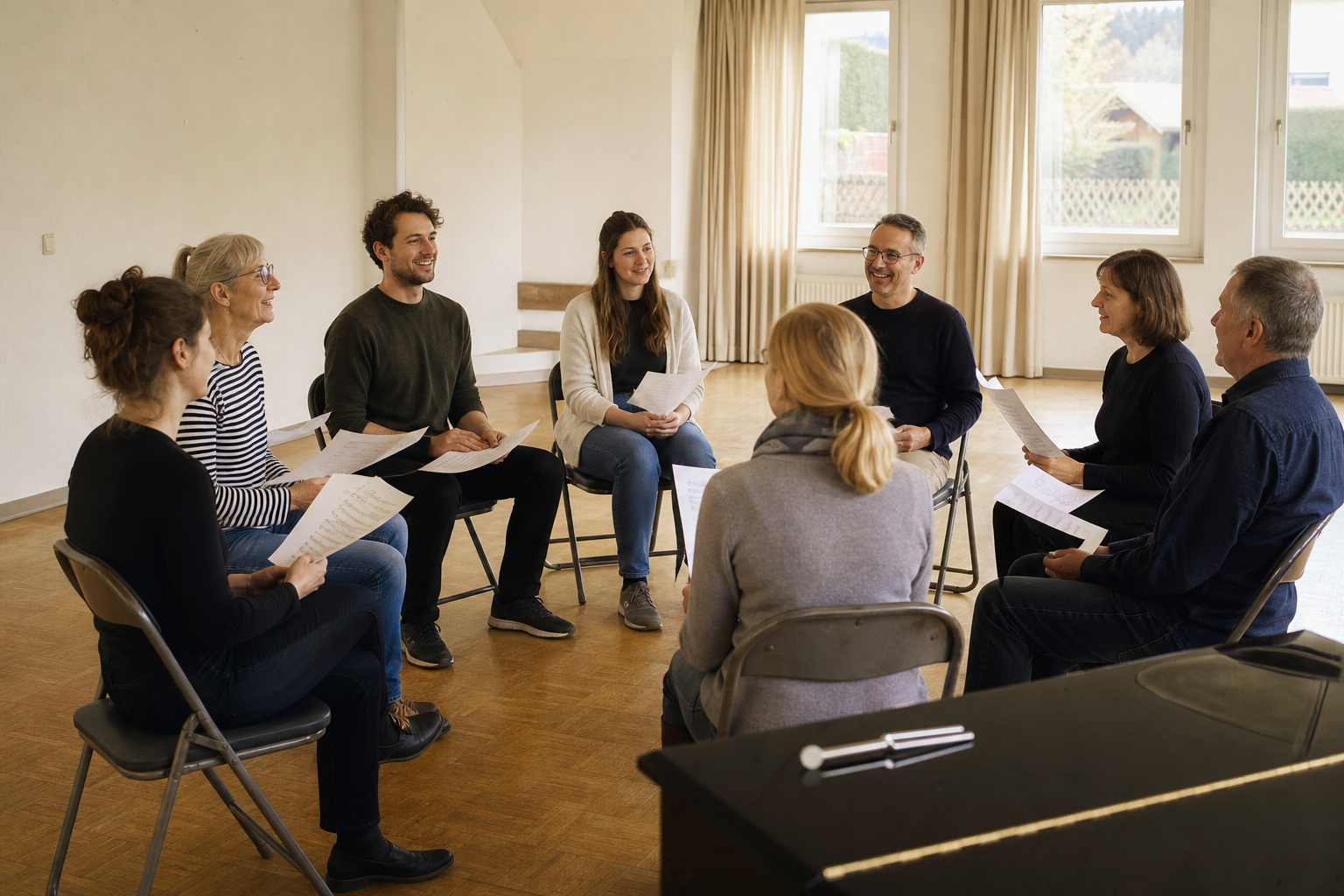 Kleiner Kreis von Sängerinnen und Sängern bei der ersten Probe in einem hellen Gemeinderaum