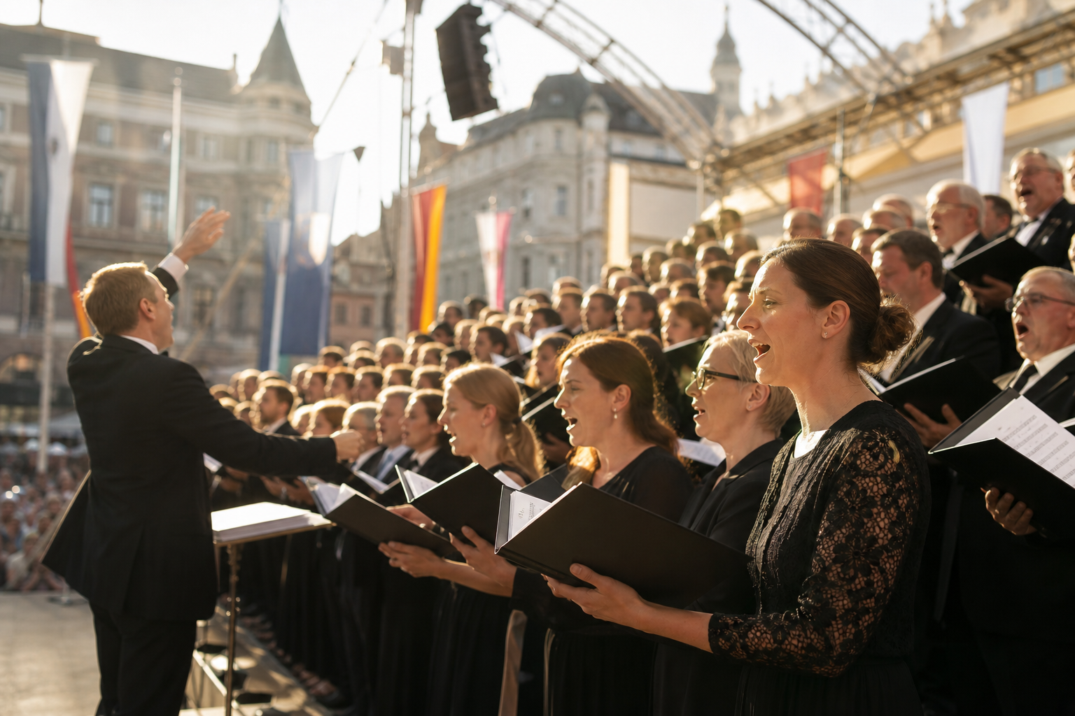 Großer Chor auf einer Open-Air-Bühne bei einem Chorfest, Fahnen und Publikum im Hintergrund