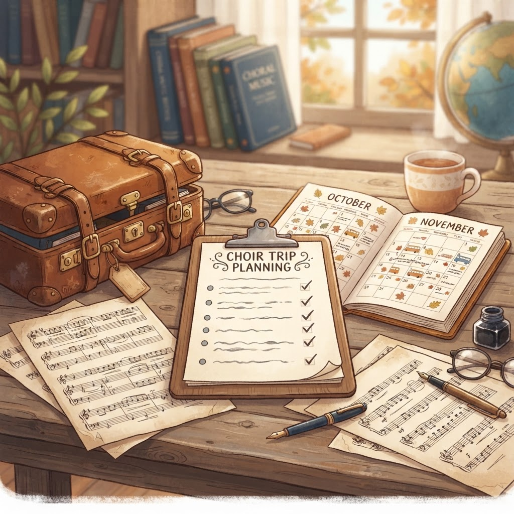 Klemmbrett mit Checkliste, Kalender und Koffer für die Planung eines Chorwochenendes