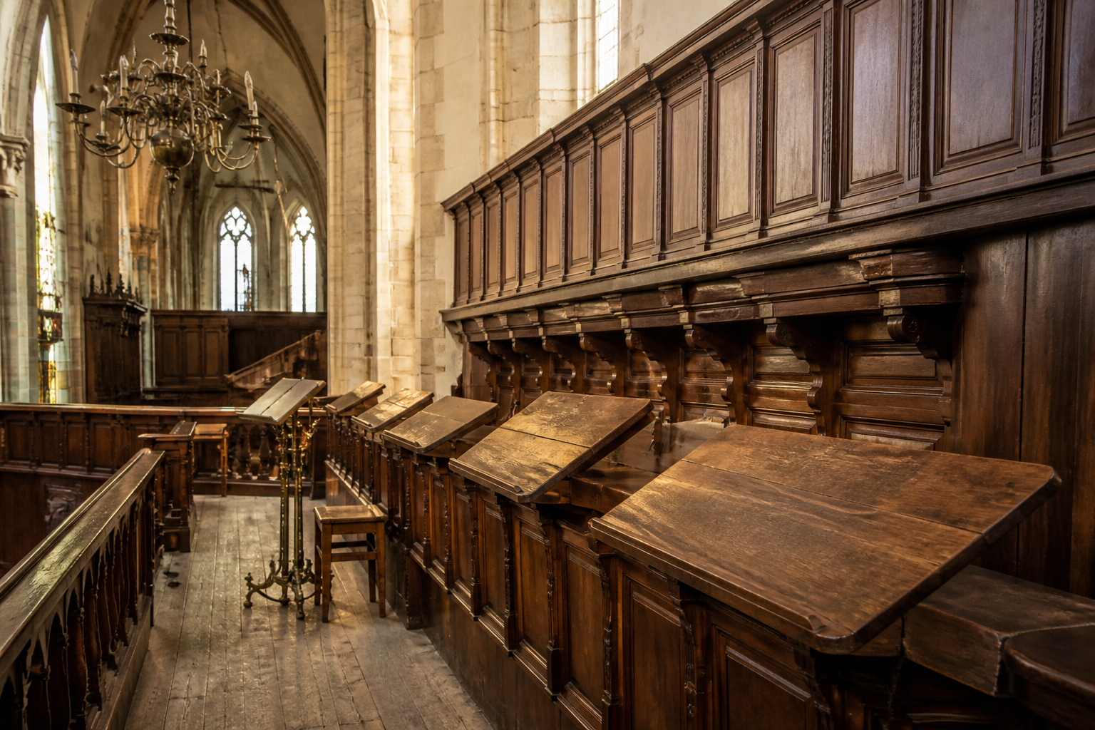 Historischer Kirchensaal mit Chorempore, warmes Licht auf alten Notenpulten