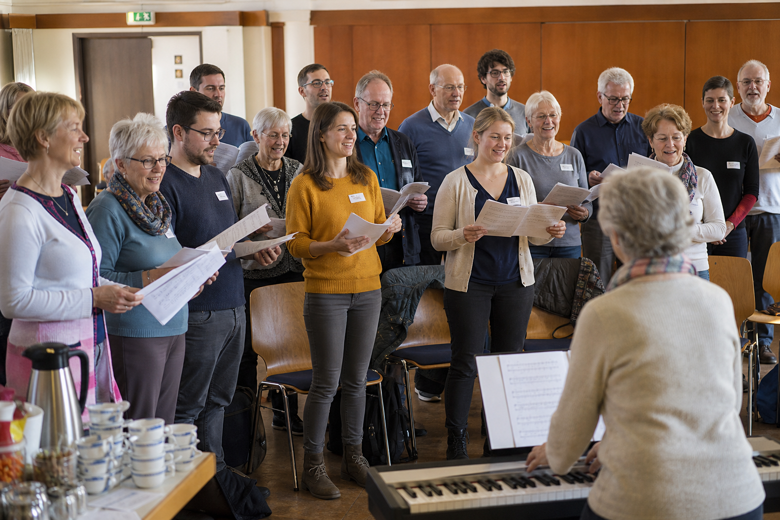 Offene Chorprobe im Gemeindesaal, neue Gesichter mit Namensschildern zwischen Stammmitgliedern