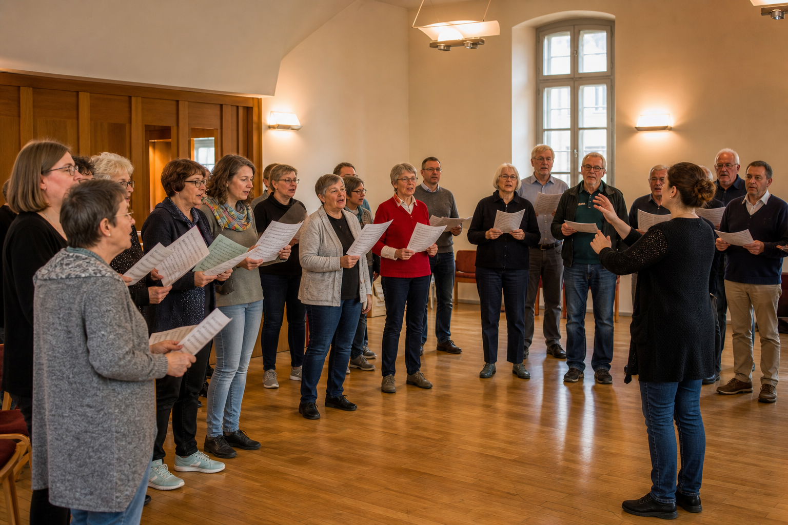 Chor steht im Halbkreis, Chorleitung gibt mit der Hand den Einsatz zum Einsingen